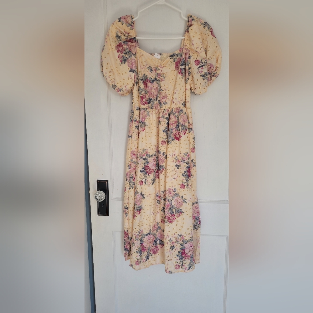 Floral Puff Sleeve Midi Dress - Yellow with Pink Roses